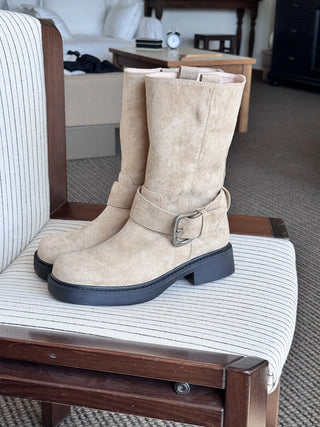 buckle suede boots