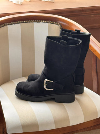 buckle suede boots