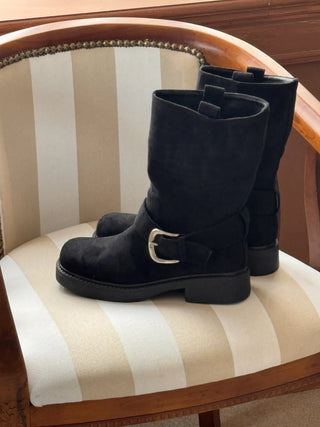 buckle suede boots