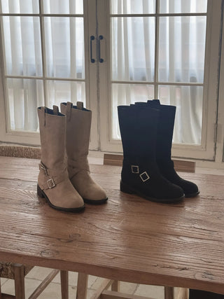 buckle suede boots