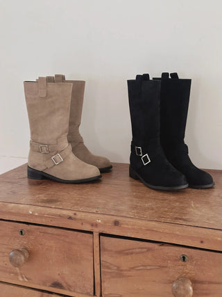 buckle suede boots