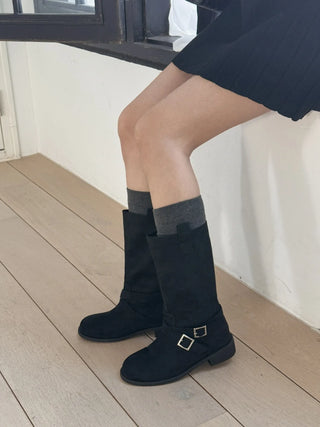 buckle suede boots