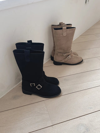 buckle suede boots