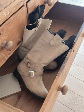 buckle suede boots