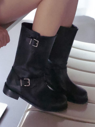 buckle suede boots