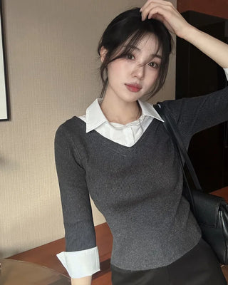 Extremely popular in Korea! Shirt-layered knit / 5 colors