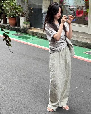 Gingham check embossed elastic waist pants