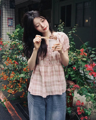 [2 colors] Check blouse