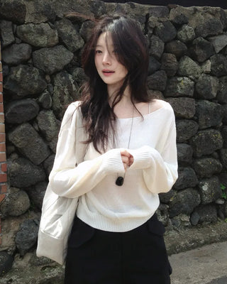 [3 colors] Boat neck knit