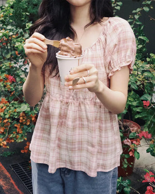 [2 colors] Check blouse