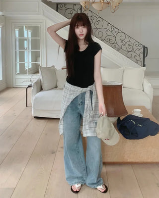 [5 colors] U-neck cap sleeve T-shirt
