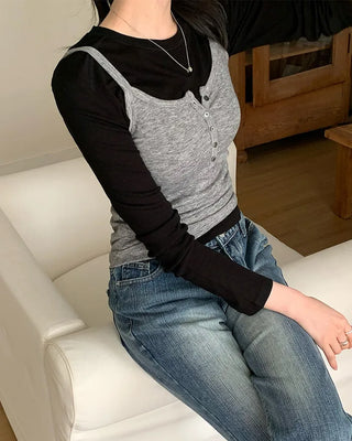 Layered slim-fit button-up knit