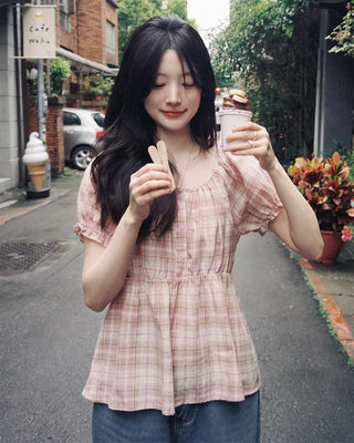 [2 colors] Check blouse