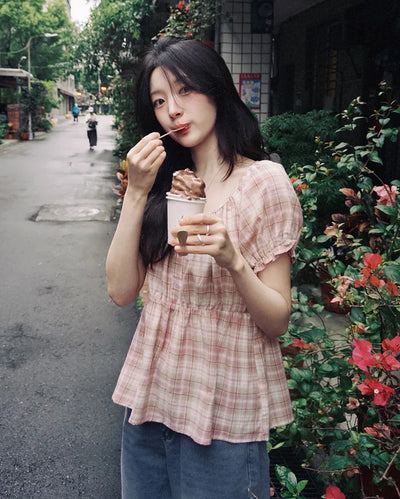 [2 colors] Check blouse