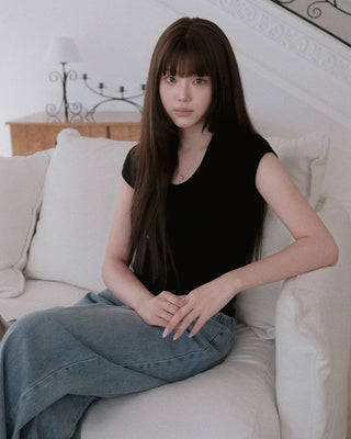 [5 colors] U-neck cap sleeve T-shirt