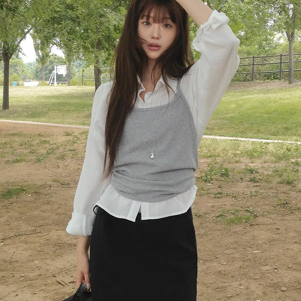 [3 colors] Semi-Cropped Shirt