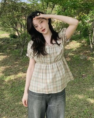 [2 colors] Check blouse