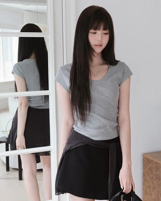 [5 colors] U-neck cap sleeve T-shirt