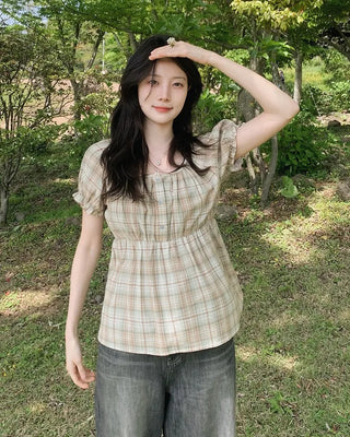 [2 colors] Check blouse