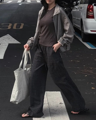 Gingham check embossed elastic waist pants