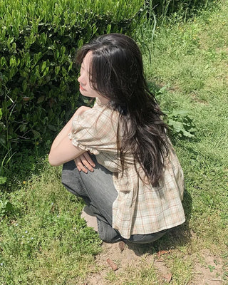 [2 colors] Check blouse