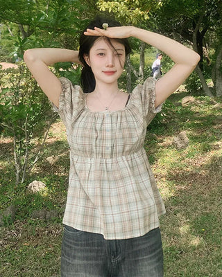 [2 colors] Check blouse