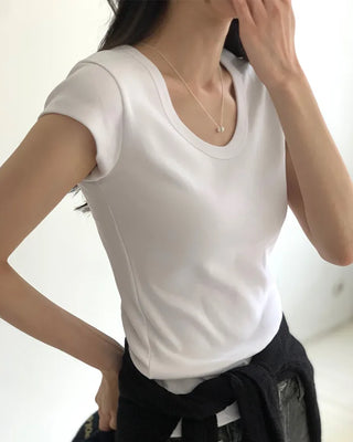 [5 colors] U-neck cap sleeve T-shirt