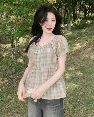 [2 colors] Check blouse