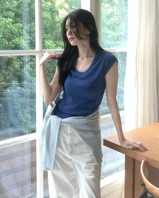 [5 colors] U-neck cap sleeve T-shirt