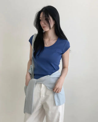 [5 colors] U-neck cap sleeve T-shirt