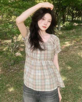 [2 colors] Check blouse