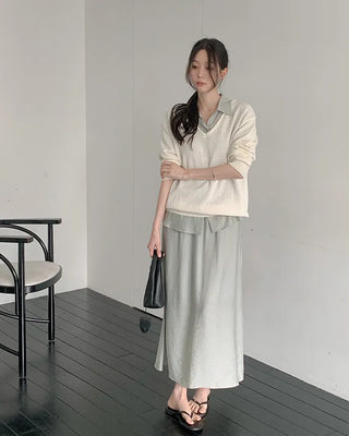 [Set][2 colors] Soft Blouse and Skirt