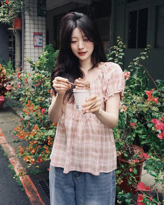 [2 colors] Check blouse