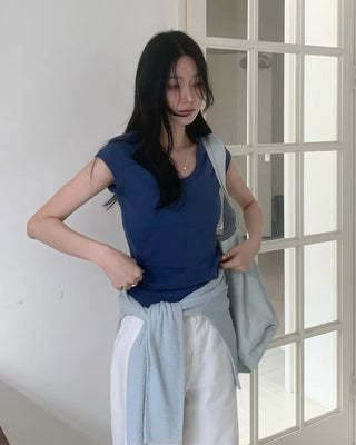 [5 colors] U-neck cap sleeve T-shirt
