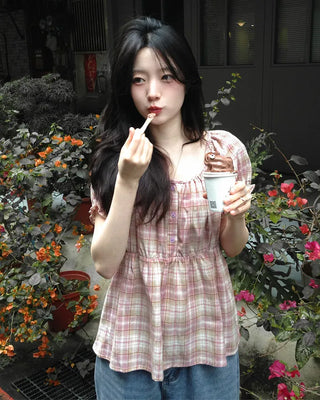 [2 colors] Check blouse