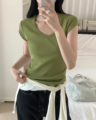 [5 colors] U-neck cap sleeve T-shirt