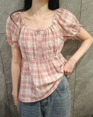 [2 colors] Check blouse