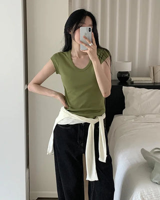 [5 colors] U-neck cap sleeve T-shirt