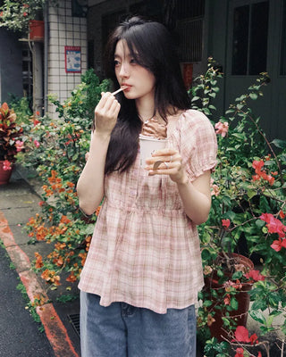 [2 colors] Check blouse
