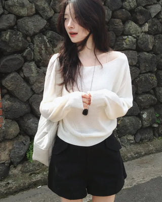 [3 colors] Boat neck knit