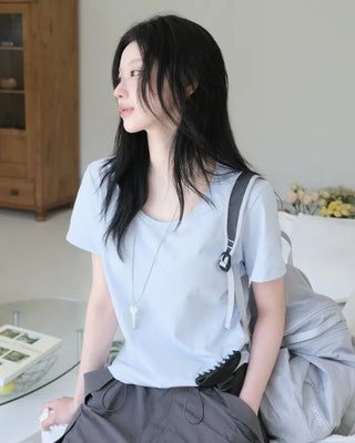 [5 colors] Essential Semi U-neck Short Sleeve T-shirt