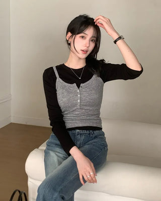 Layered slim-fit button-up knit