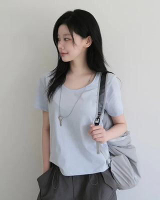 [5 colors] Essential Semi U-neck Short Sleeve T-shirt