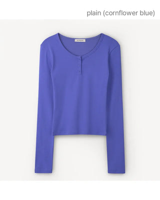 [2 types] Plain & Striped Button Long-Sleeve T-Shirt
