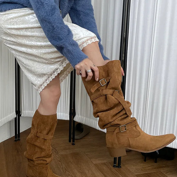 (2 colors) Wrinkled Western Long Boots