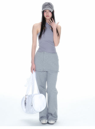 [NECY] Gray Detachable Culottes Loose Straight-Leg Pants