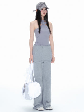 [NECY] Gray Detachable Culottes Loose Straight-Leg Pants