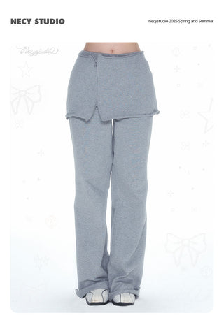 [NECY] Gray Detachable Culottes Loose Straight-Leg Pants