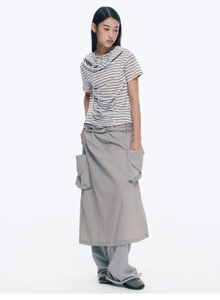 [NECY] Gray Double Pocket Pleated A-Line Skirt