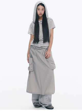 [NECY] Gray Double Pocket Pleated A-Line Skirt